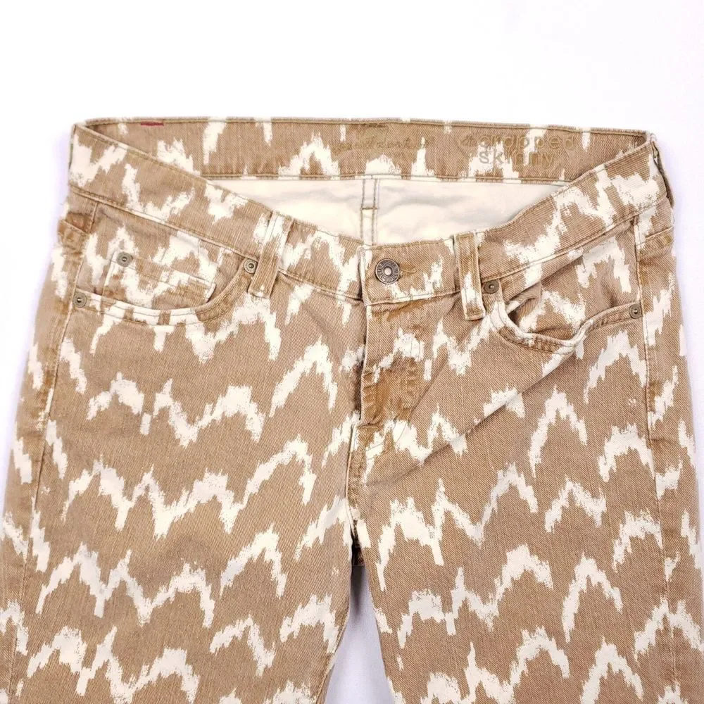 7 For All‎ Mankind Cropped Skinny Jeans Beige White Ikat Print 27 Stretch Denim - Picture 4 of 9